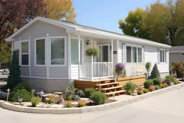 Modern mobile home with a small porch and landscaping.