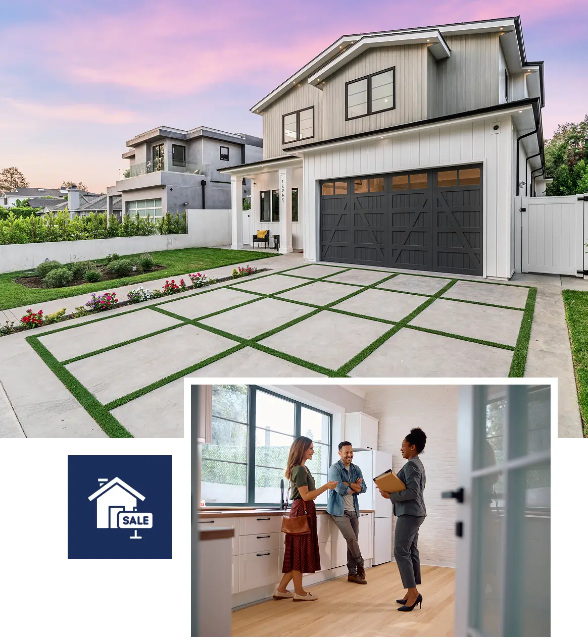 Modern house exterior with people inside discussing.