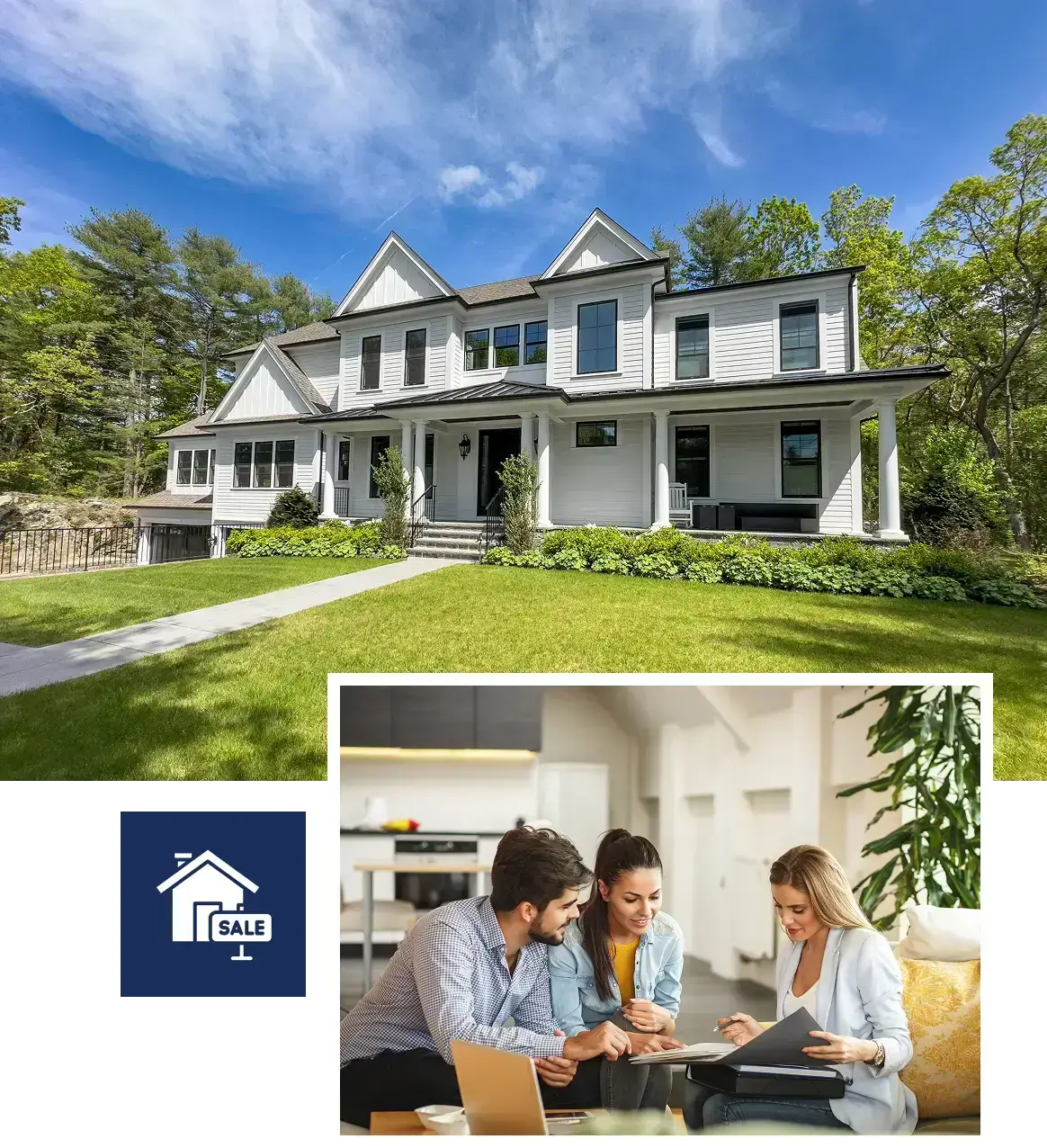 House for sale with group discussing paperwork.