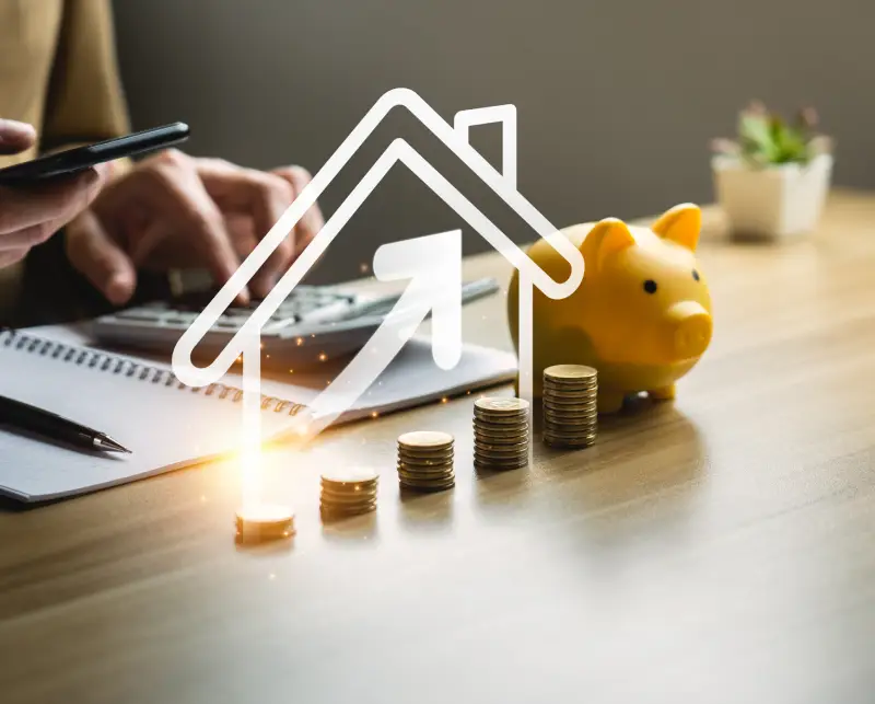 Graph showing increasing savings with a piggy bank and house icon.