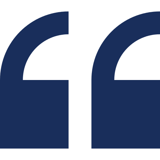 Blue quotation mark symbol on white background.